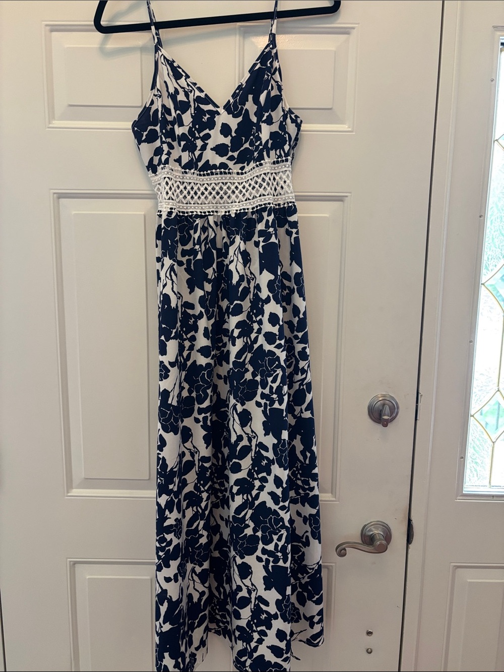 SHEIN Navy and White Floral Midi Dress with Crochet Waistband